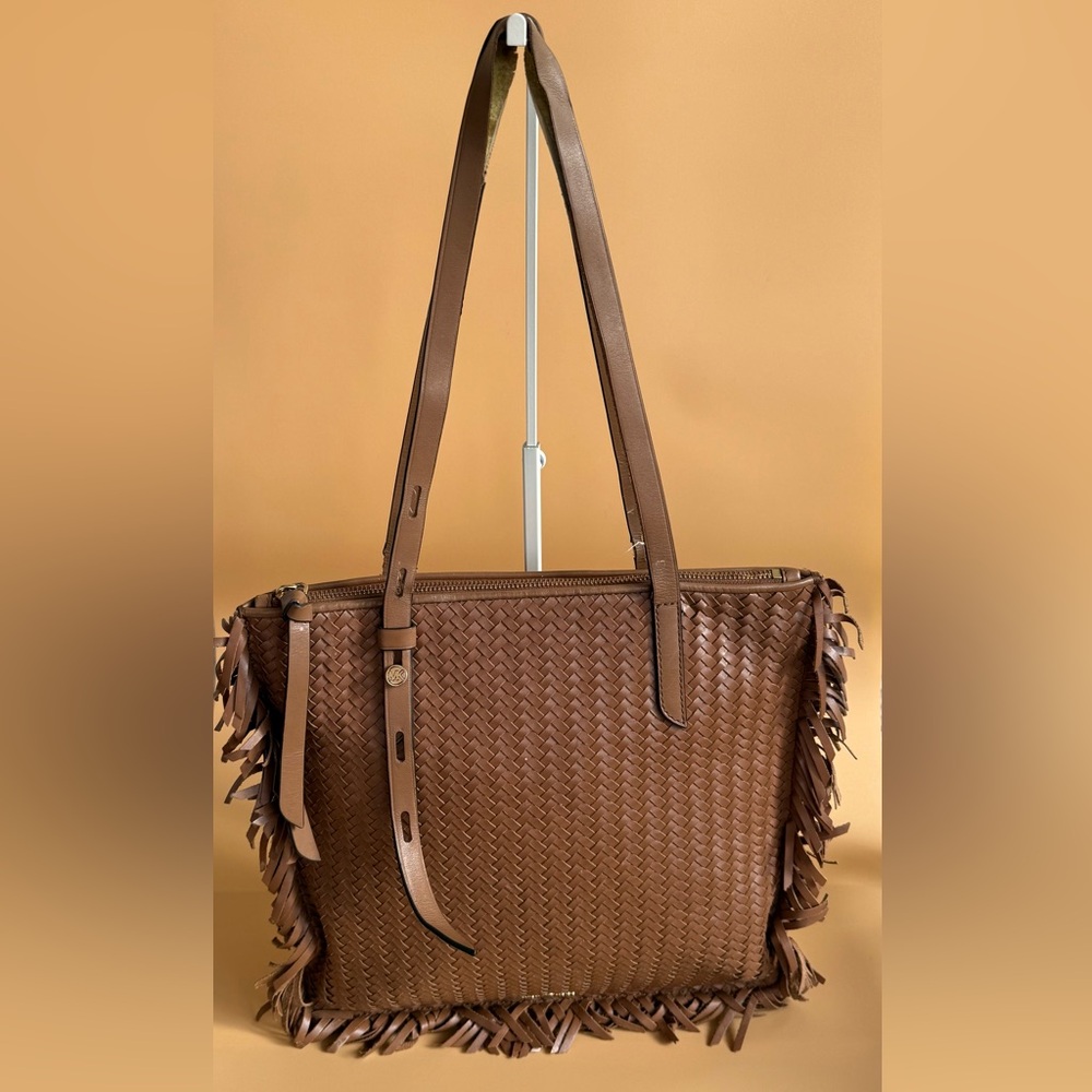 Michael Kors Tompkins Large Woven Leather Fringed Brown Tote Bag